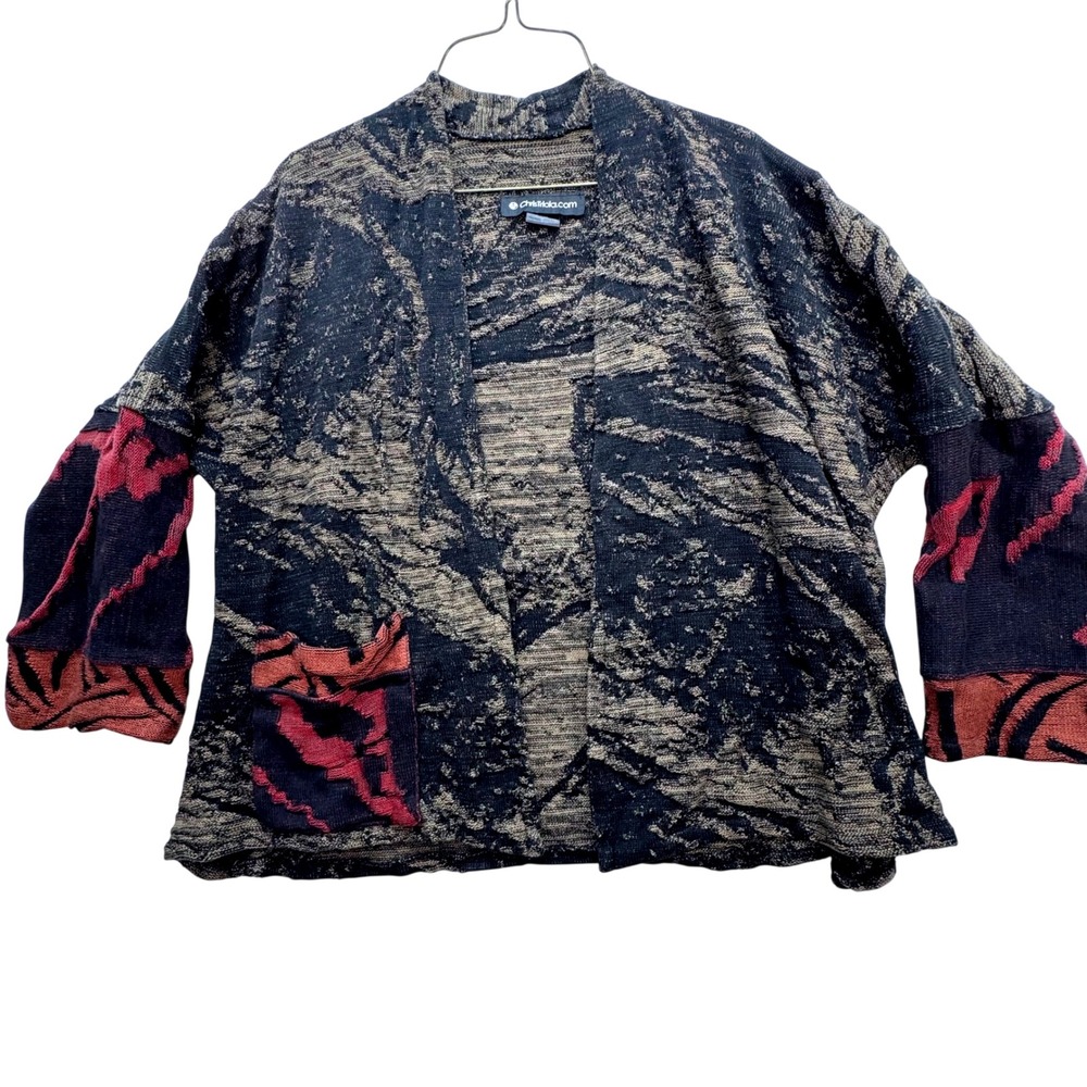Chris Triola Cardigan Women Small Abstract Art To Wear Cotton Knit USA Handmade